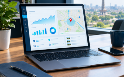 SEO analytics dashboard with Google Maps location insights on a laptop